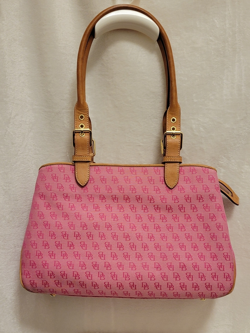 Dooney & Bourke Pink Monogram Shoulder Bag with Tan Leather Trim